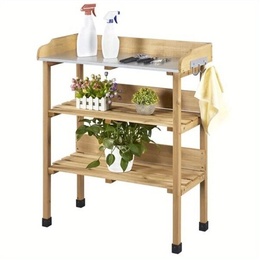 

Garden 3 Tier Potting Bench Table Outdoor Work Station Workbench Natural