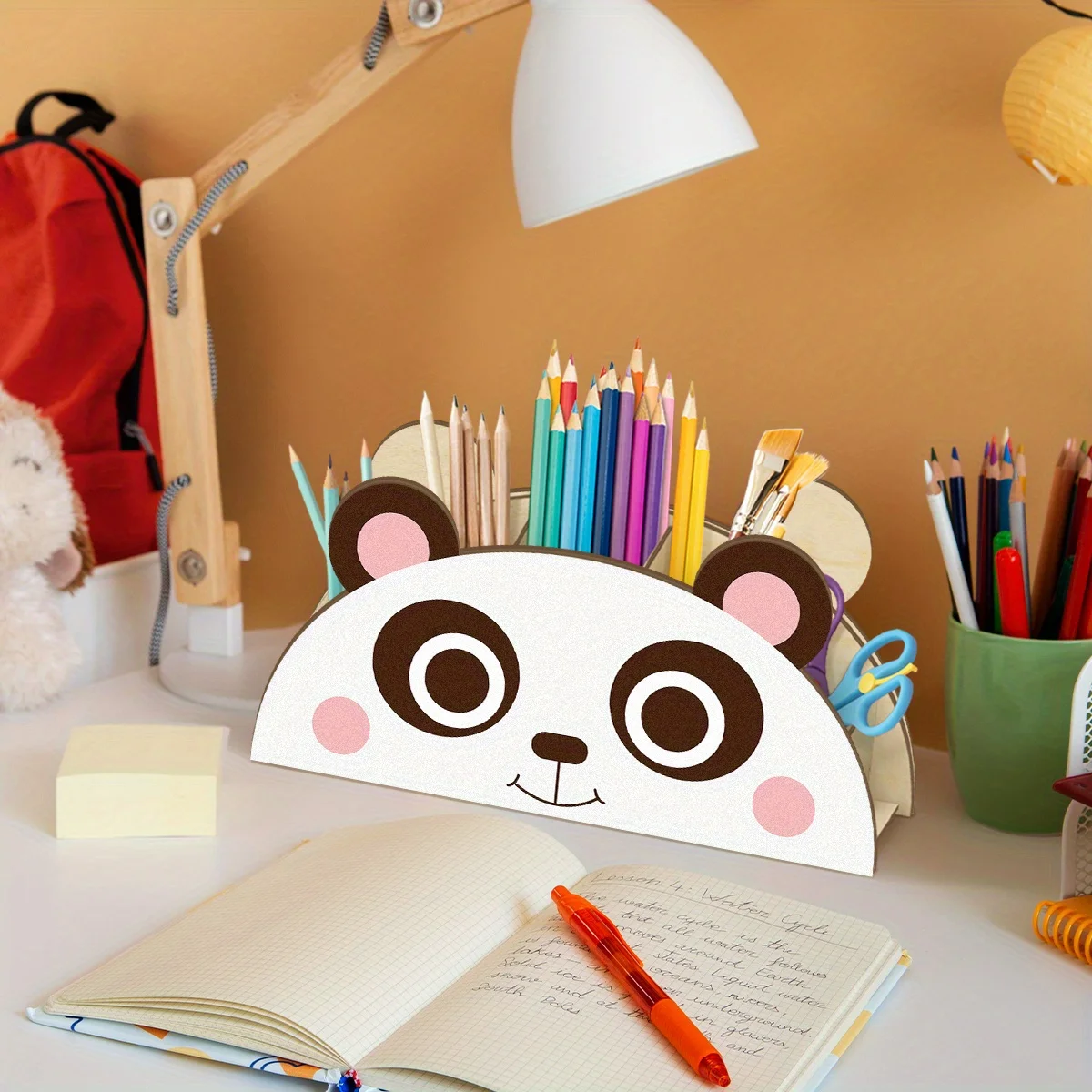 Panda Shaped Wooden Pen Holder Cute Cartoon Style Desktop Storage Rack Makeup Brushes Creative Artistic Stationery Office Gift