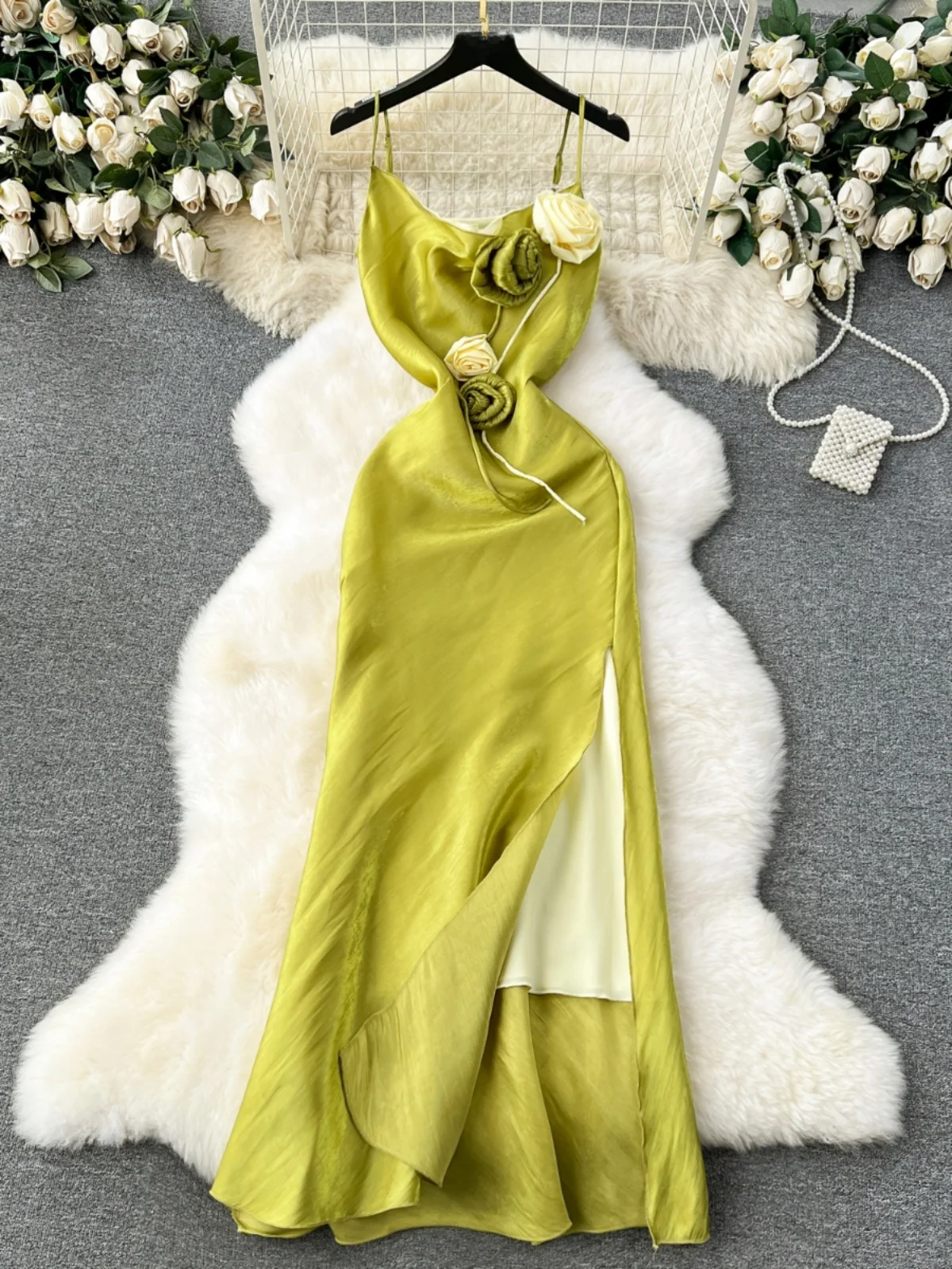 Ele Long Svel Knee-Length Women's Dr with Side Slit And Strap Korean Sle A-Line Gown for Commuting And beyond