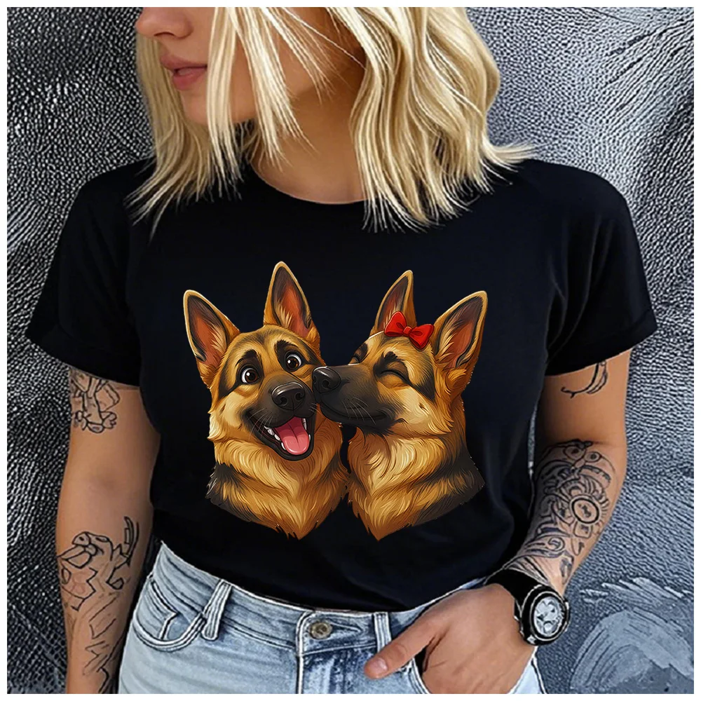 Cotton 100% Women's Lovely Couple German Shepherd Dog Print T‑Shirt Short Sleeve O‑Neck Casual Loose Summer Daily Fashion Tee To