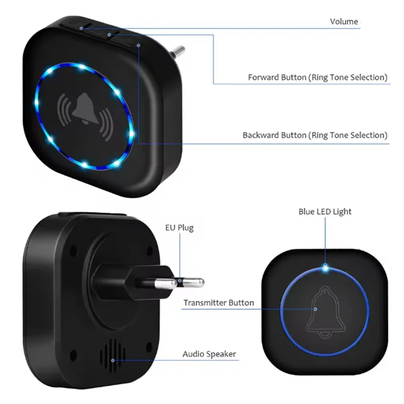 Ffyy-timainha sem fio 260m, controle remoto à prova d'água com 4 níveis de volume através da parede, bem-vindo, campainha inteligente