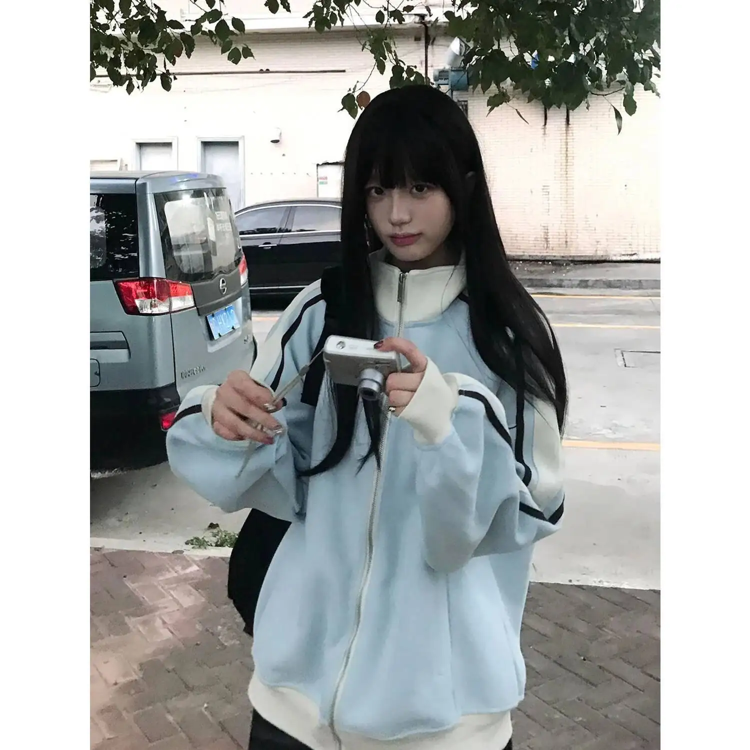 

American Street Versatile Color Blo F High Collar Women's Jaet Autumn Winter Fce Loose Oulder Sve Cardiga...