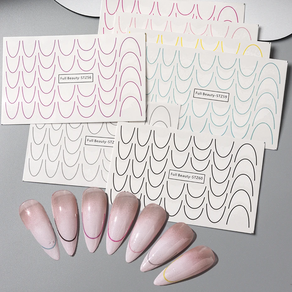 مجموعة ملصقات نقل المياه المتدرجة على شكل خط فرنسي، وردي أرجواني متعدد الألوان على شكل خط فرنسي لتزيين الأظافر بنفسك #6