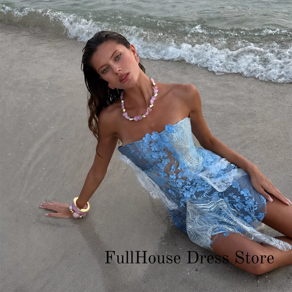 Attractive Blue Strapless 3D Flower Lace Glitter Appliquies Mini Evening Dress Sexy Cocktail Party Formal Dress Customizd 2027
