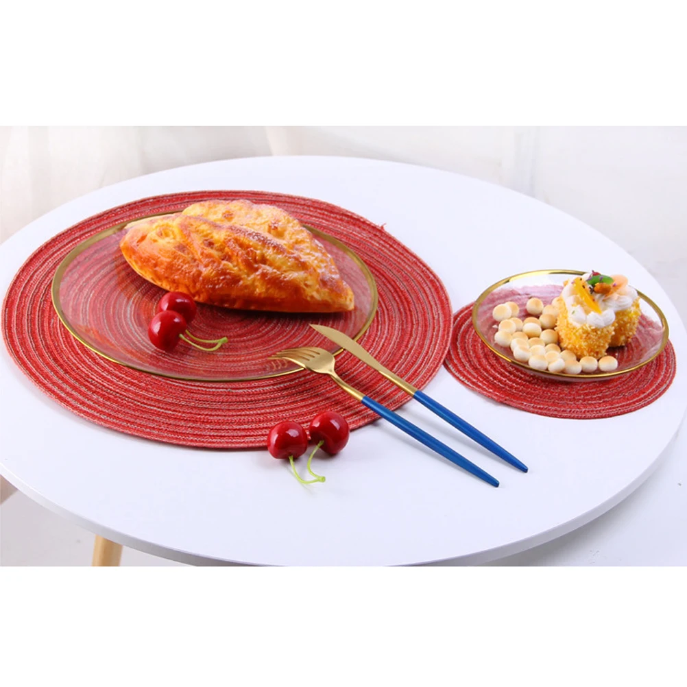 

Round Cotton Linen Woven Placemat Red S Size Kitchen Dining Table Mat Heat Resistant Washable Decorative Protector For