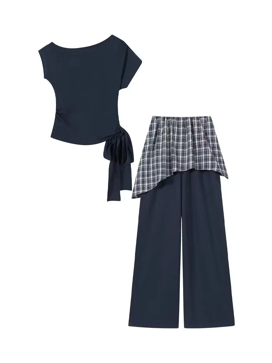 

Большие размеры 300, модная антивозрастная асимметричная летняя свободная повседневная футболка с широкими брюками, комплект из двух предметов