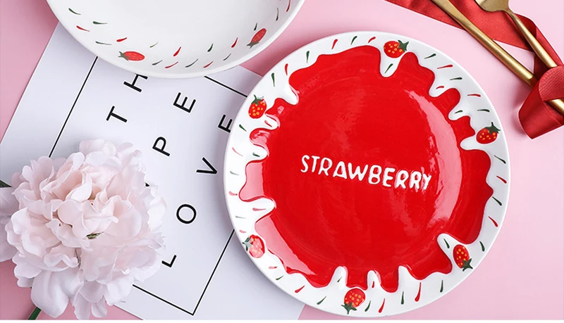 8inch, Embossed Porcelain Dessert Cake Plate, Strawbery Buffet Dinatoire, Cute Ceramic Plates Dinner, Chafing Dish