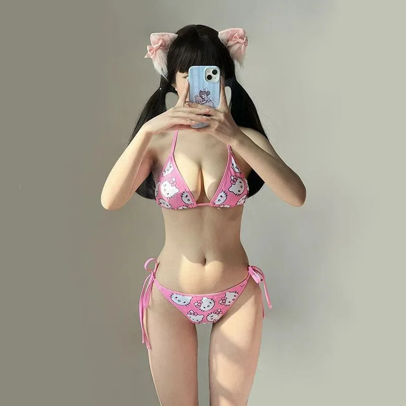 Sanrio HelloKitty Bikini Set Cute Cartoon 2Pcs Summer Beach Soft Side Strappy Panties Sexy Bikini Milk Shreds Swimsuit Girl Gift