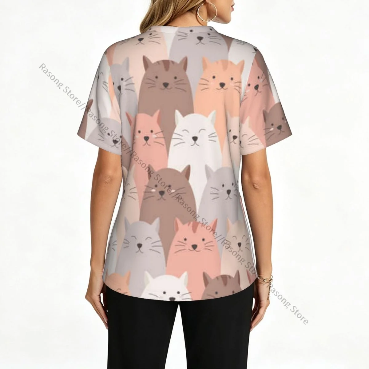 Women's Medical Scrub Top V Neck Short Sleeve Cute Faces Of Cats With Mustaches Stretch Nursing Uniform for Hospital Clinic