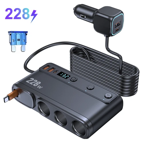 Adaptador de cargador de coche de 228W 9 en 1 PD 3 enchufes divisor de encendedor de cigarrillos interruptores independientes de carga cargador rápido de 12V 24V