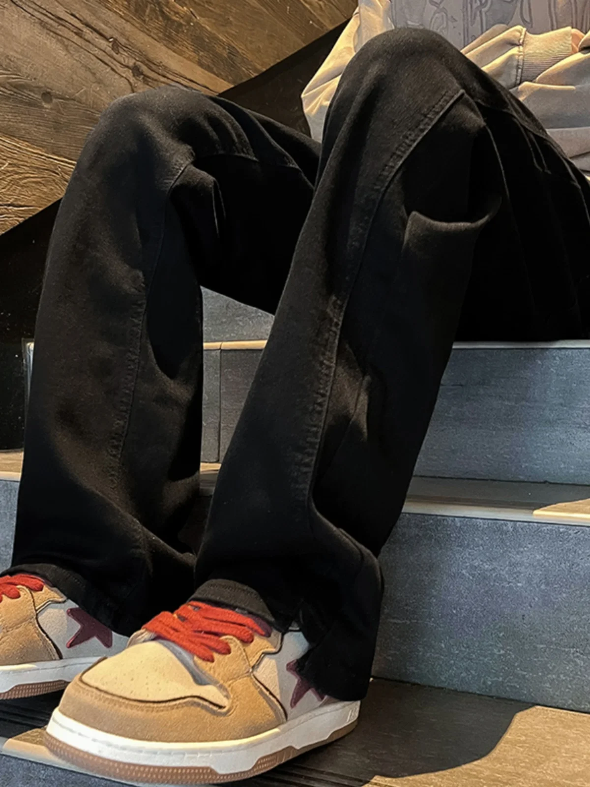 

Black Straight Leg Loose Fit Men's Jeans Spring Trendy Casual High Street Versatile Elastic Wide Leg Long Pants