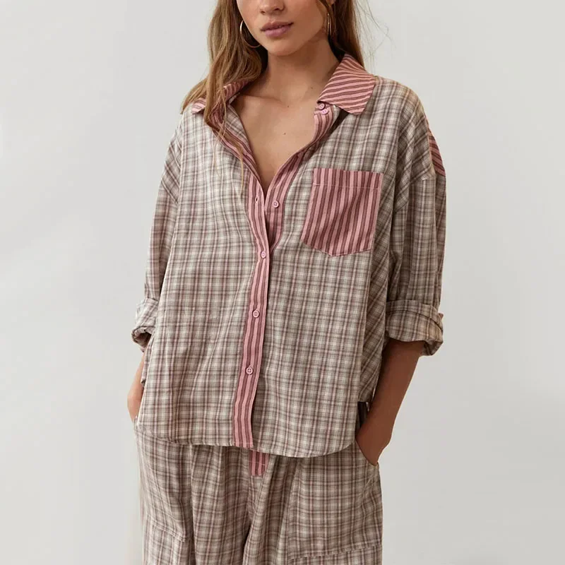 Spring Autumn Women Plaid Pajama Sets Female Casual Homewear Long Sleeve Shirts+Pants 2 Pieces Suits Nightwear Loose Sleepwear