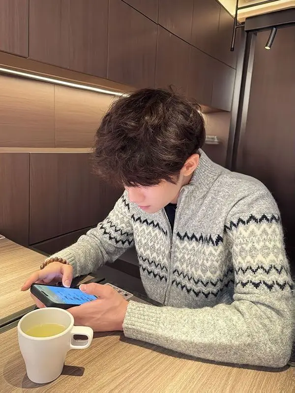 

Men's Zipper Knitted Sweater Stand Collar Floral Embroidery Loose Fit Cardigan Warm Outerwear Spring Autumn Faion Casual