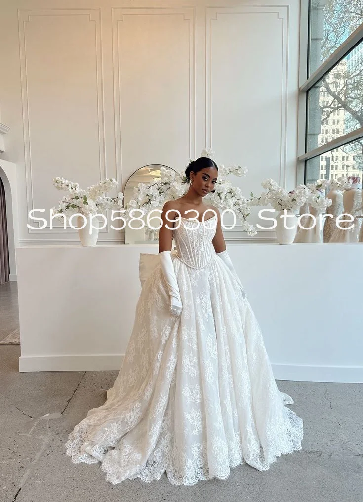 Vestidos de novia de princesa de encaje de dos piezas con tren desmontable perlas sin tirantes vestido de novia de iglesia personalizado prenda