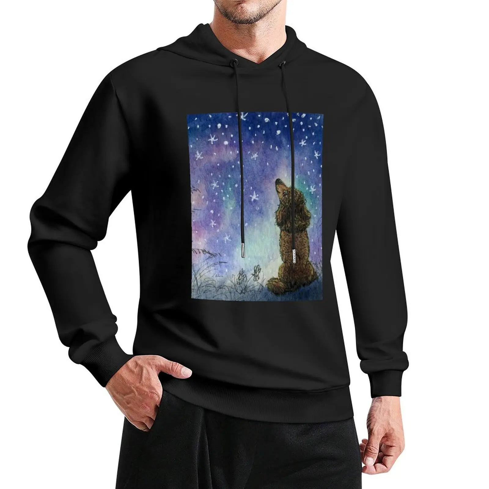 

Poodle dog gazing at starry night sky, looking for inspiration Pullover Hoodie streetwear men aesthetic clothing tracksuit men