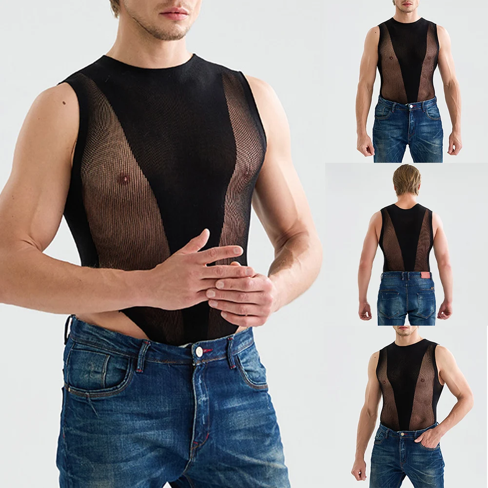 Mens Sexy Tank Top Sleeveless Mesh See Through Lingerie Vest Hollow Out Underwear Tank Top Night Clubwear Slim Top