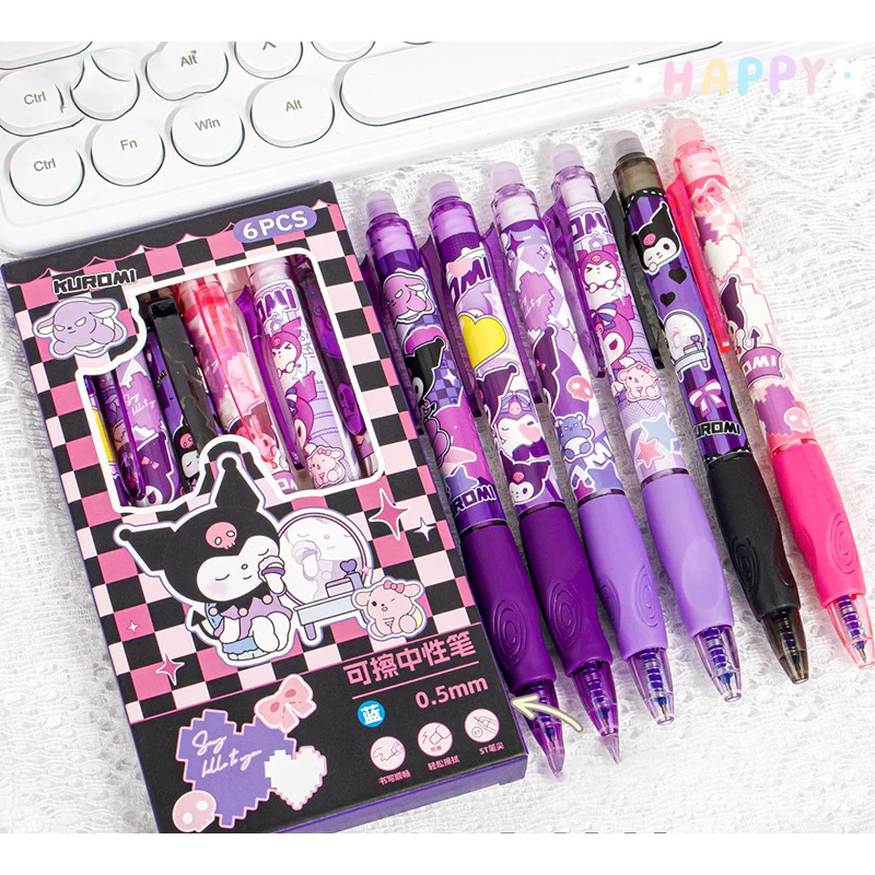 6szt Kawaii Children Gel Pen Hello Kitty Cartoon Kuromi ST Erasable Black 0.5mm Press The Ballpoint Pen Learning Stationery Gift