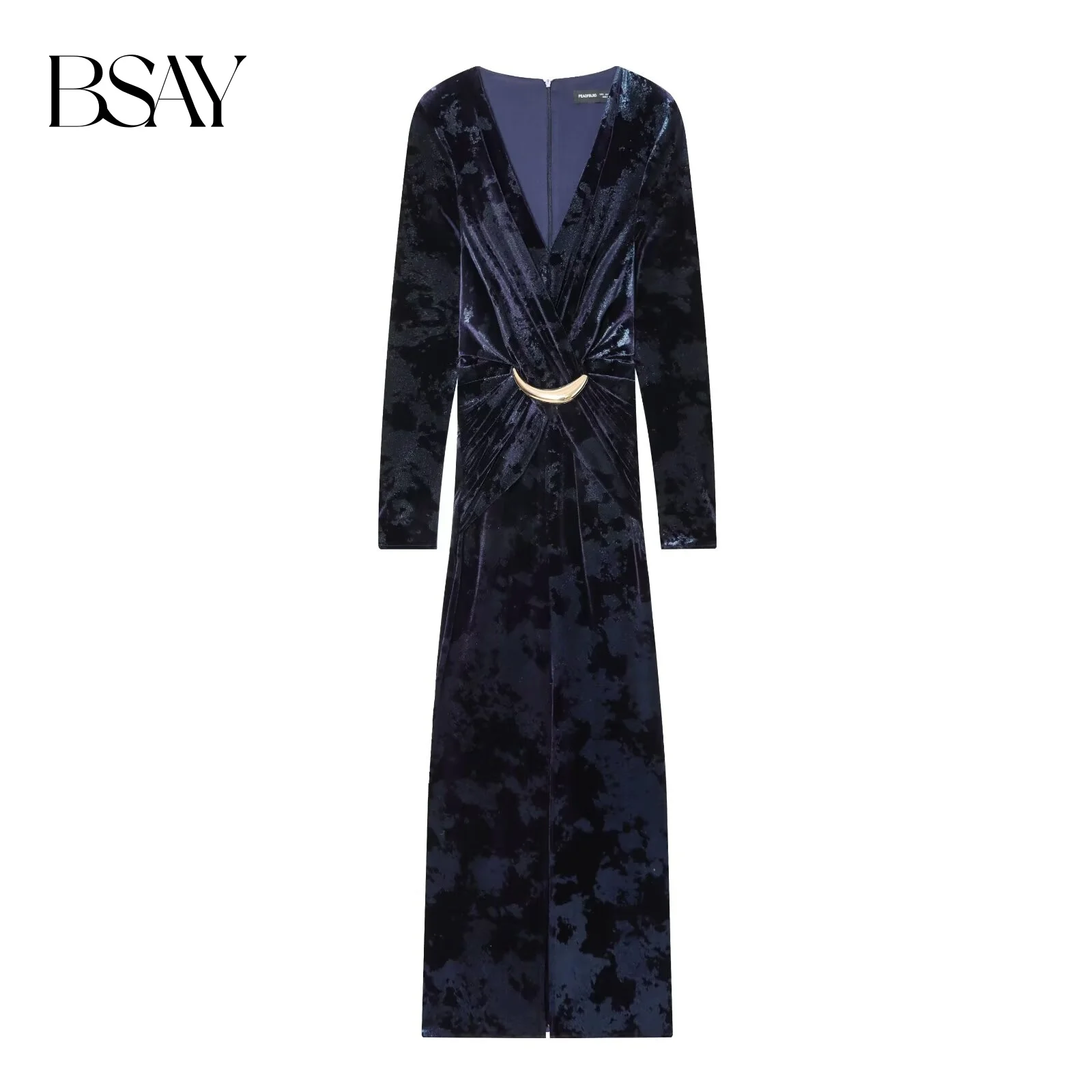 BSAY Samt Elegante lange Kleid Frauen Mode Herbst Winter Neue Zurück Zip Lange Ärmel V-ausschnitt Frankreich Weibliche Abendkleider