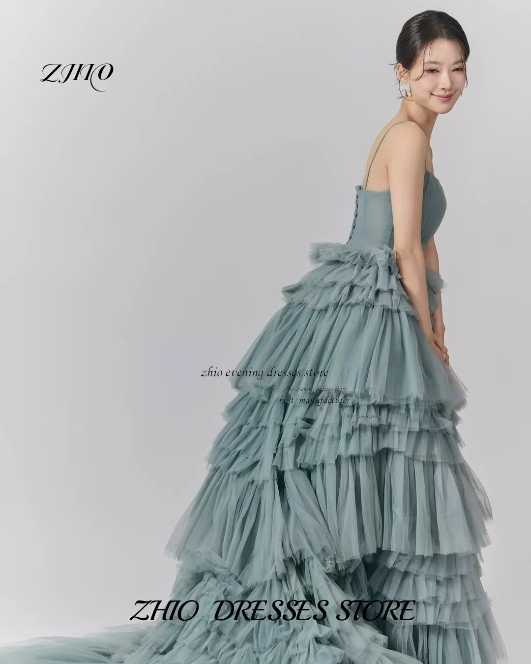 ZHIO Dusty Blue Fairytale เกาหลี Tulle ชุดราตรี A-Line สปาเก็ตตี้สายรัด Fluffy Layered แฟชั่นชุดราตรีที่กําหนดเอง