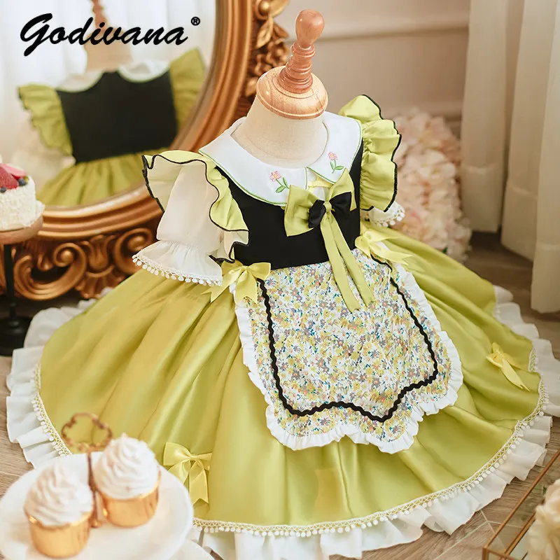 Sweet Baby Girls Lolita Princess Dress Toddler Summer New High End Print Embroidery Print Puff Sleeve Ruffle Trim Bow Ball Gown