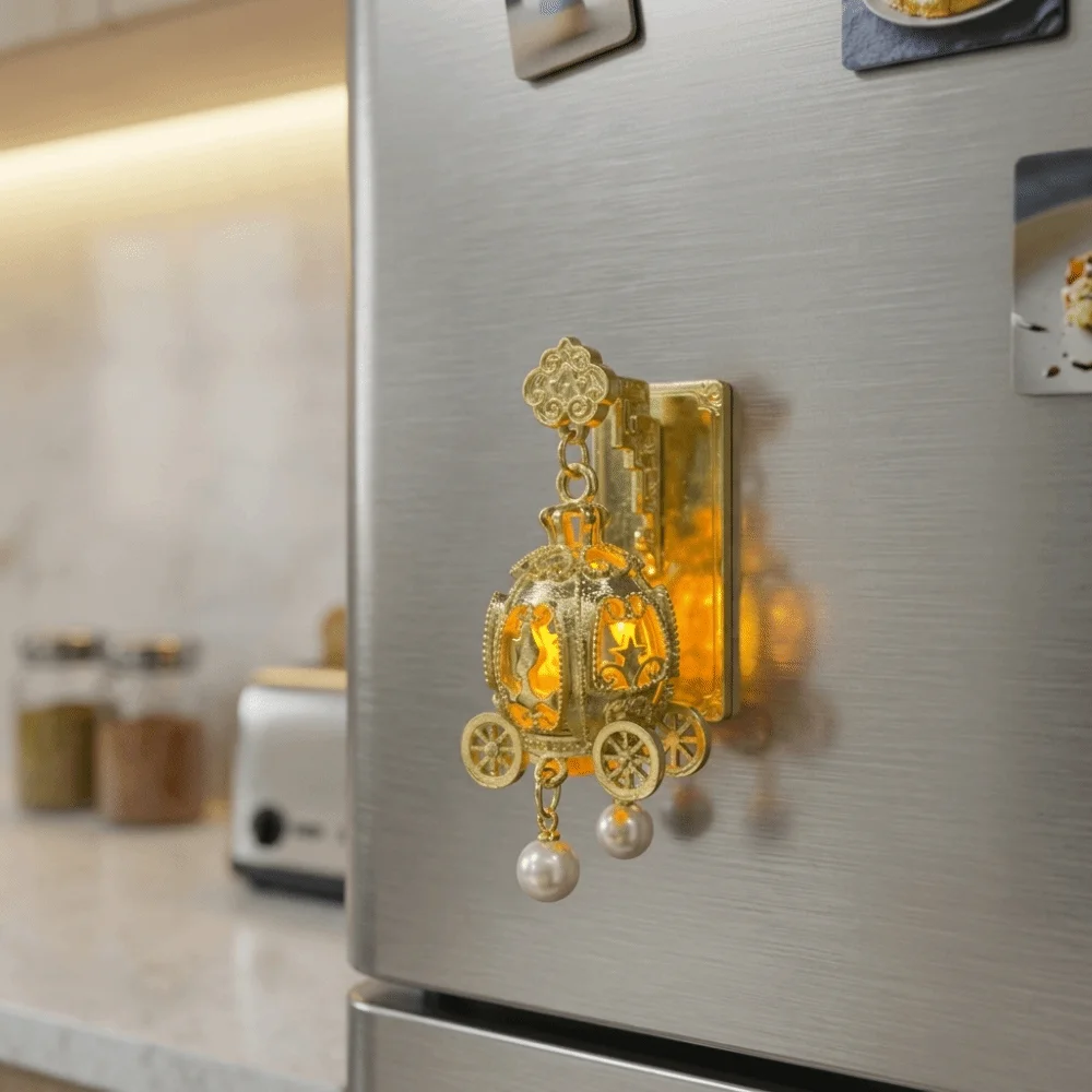 3D Glowing Lantern Fridge Magnet Openwork Design Retro Hanging Lantern Refrigerator Magnet Gold Metal