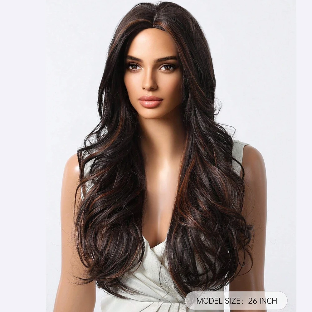 26in Highlightสีน้ําตาลWave Curlyวิกผมสังเคราะห์ทนความร้อนผมผู้หญิงธรรมชาติดูสําหรับคอสเพลย์,ทุกวัน,ปาร์ตี้ฮาโลวีน