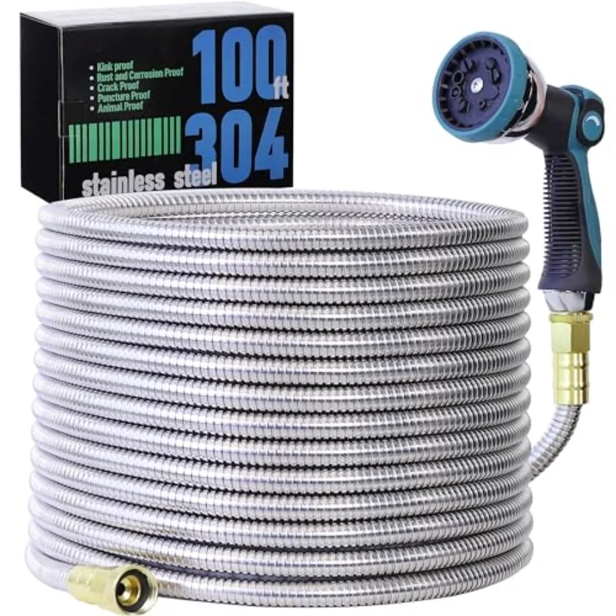 

100FT Garden Hose 304 Stainless Steel Water Hose Flexible with 10-Mode Nozzle Sprayer No Kink Lightweight Puncture Proof Ideal