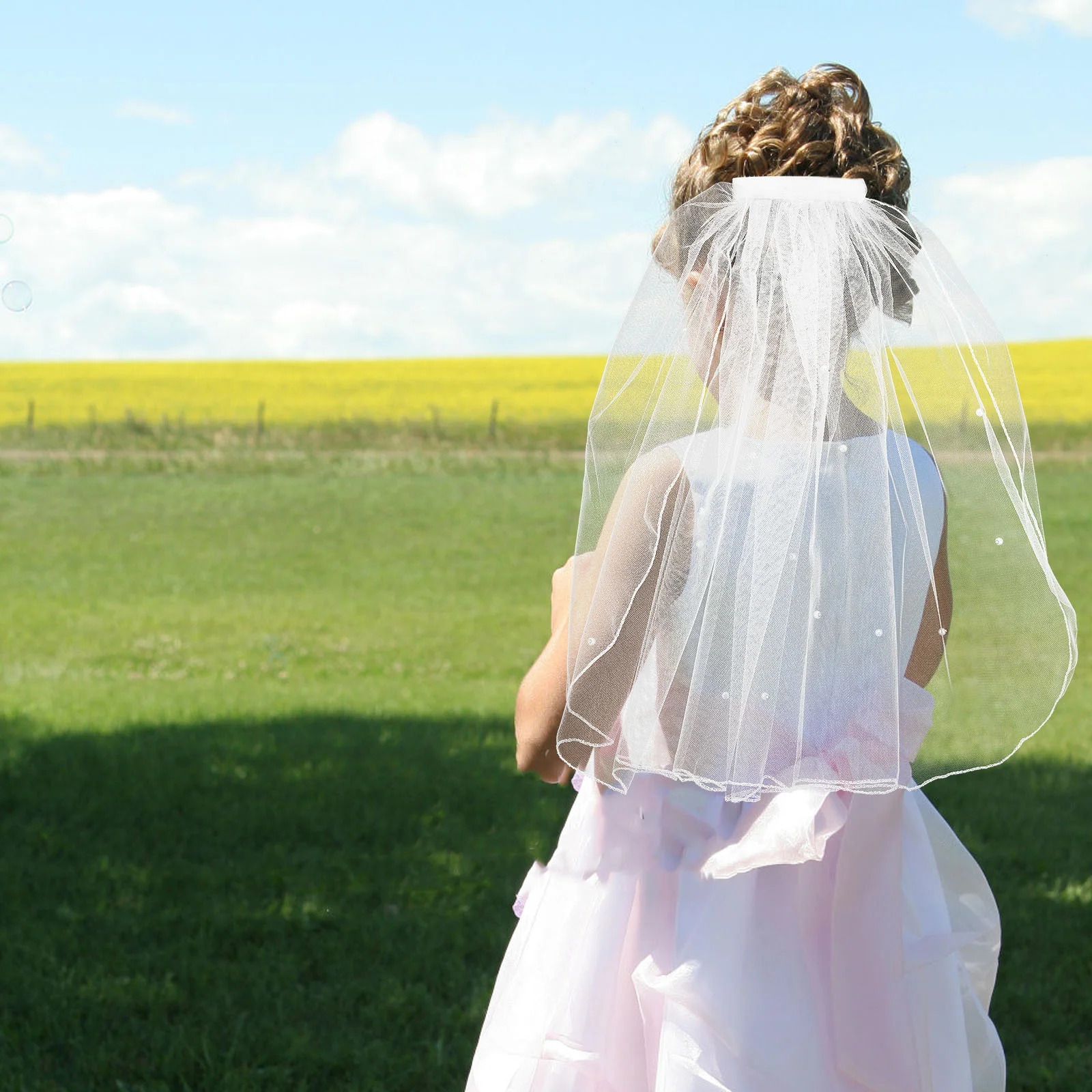 

Women's Tulle Bridal Veil Pearl Wedding Veil with Hair Comb for Bride Flower Girl Wedding Party Photography (White)