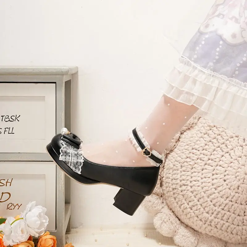 ASILETO 2024 New Lolita Style Sweet Girls Pumps 28 29 Round Toe Chunky Heel Platform Bowknot Beads Buckle Strap Big Size 47 48