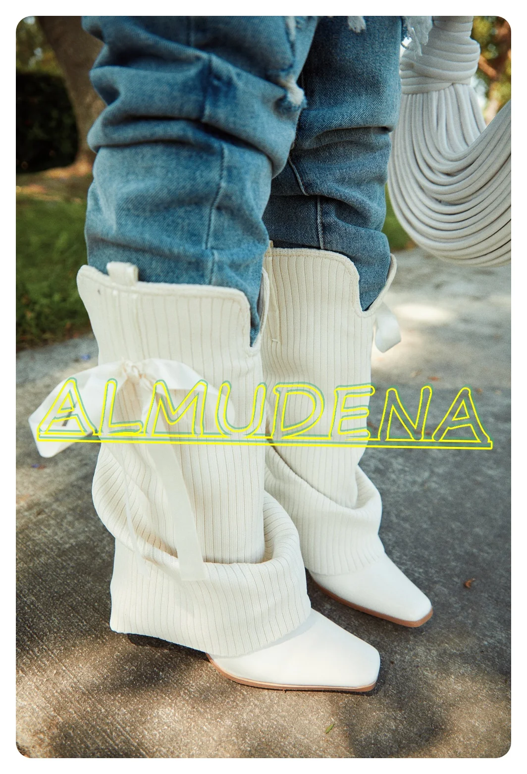 Slouch Rib Knit Over Shaft Mid-calf Boots Bow Detailing Pointed Square Toe Thin High Heels Pull-On Styling Women Boots New