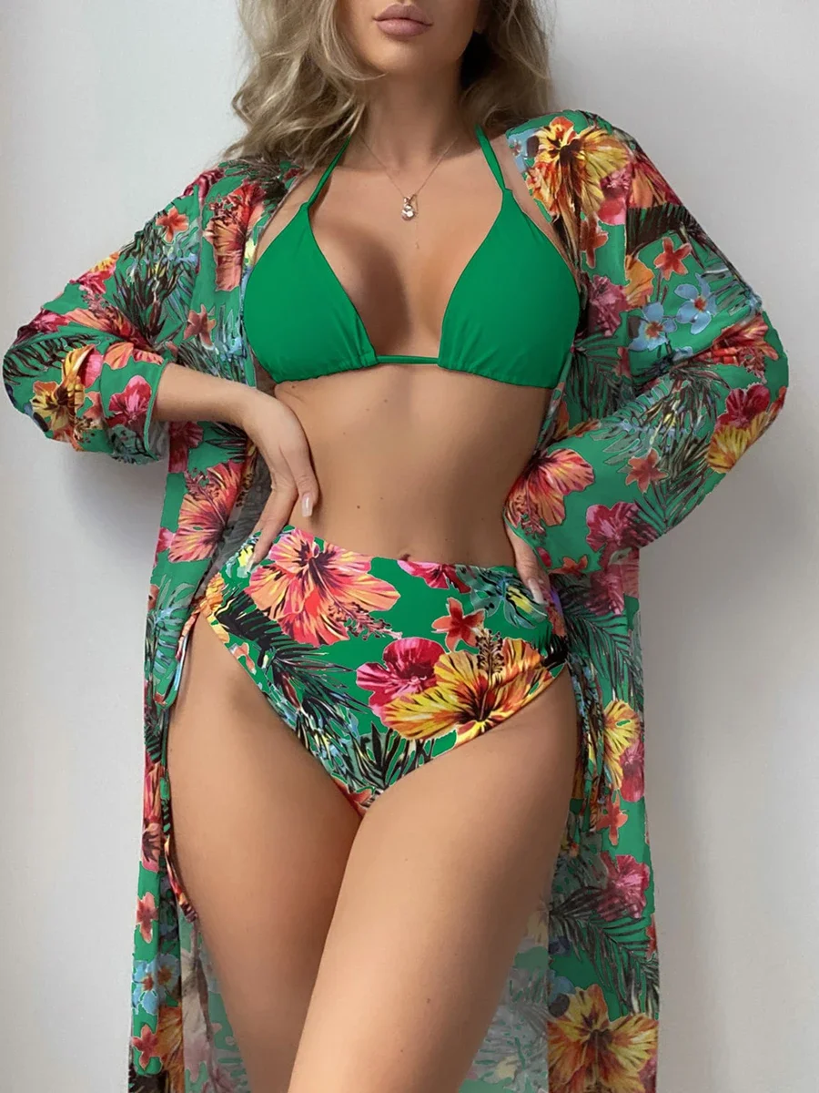 

2024 New Halter Triangle Bikini Women Swimsuit with Kimono High Waist Female Bathers Bathing Swim Suit