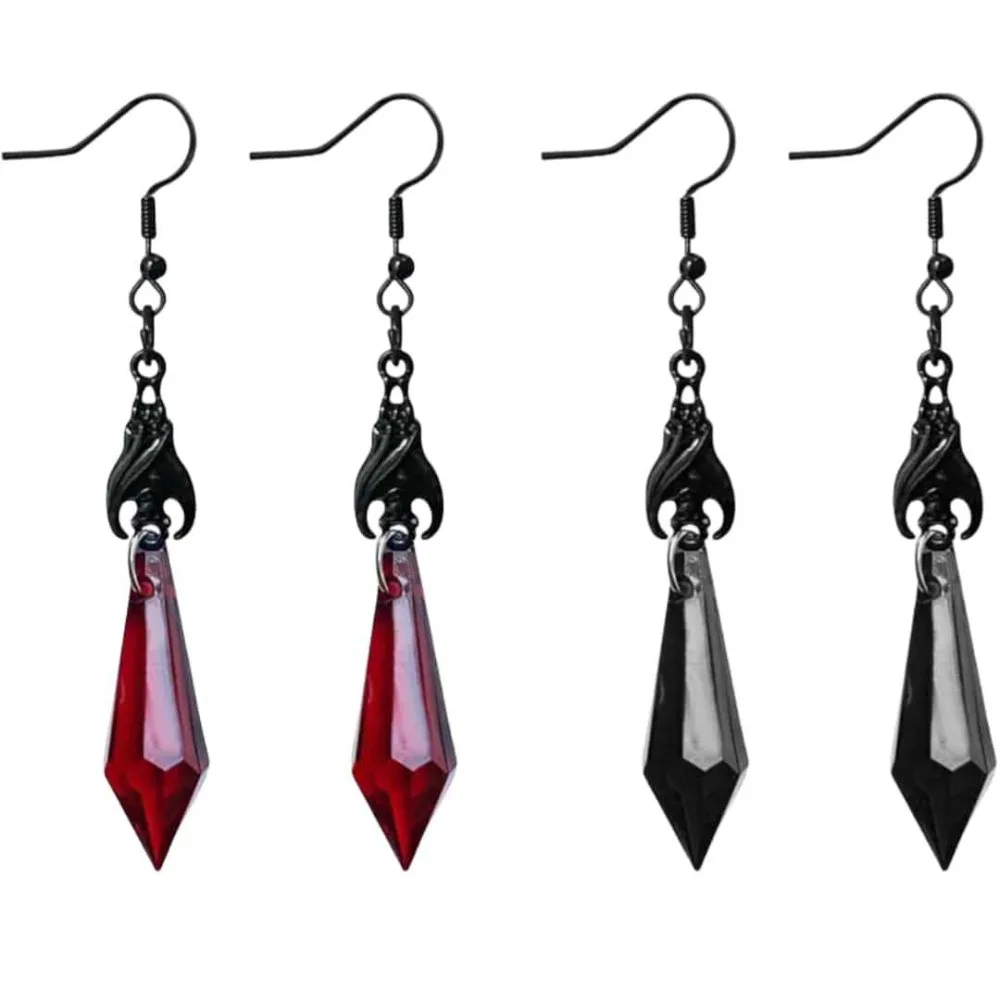 Charm Gothic Black Vampire Bat Red Teardrop-shaped Glass Crystal Pendant Dangle Earrings for Women Halloween Jewelry Accessories
