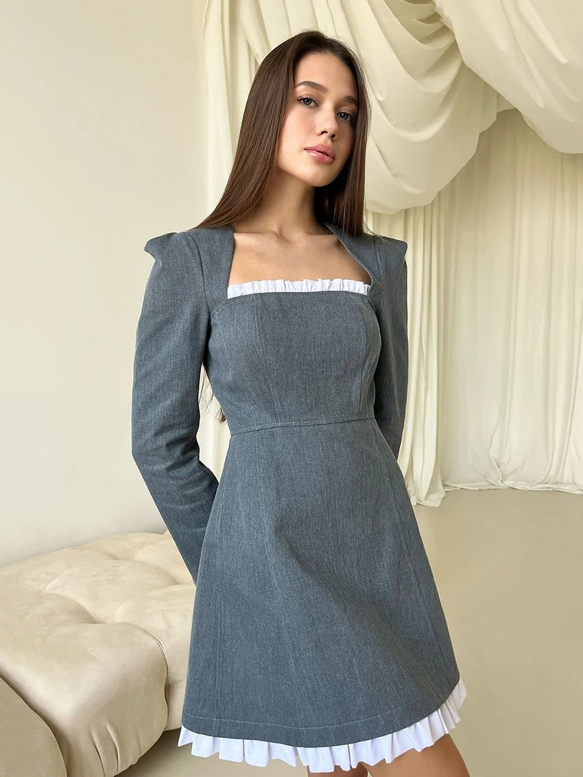 

Marthaqiqi Fashion Women'S Nightgowns Square Collar Sleepwear Long Sleeve Pajamas Mini Dress Elegant Patchwork Ladies Nightwear