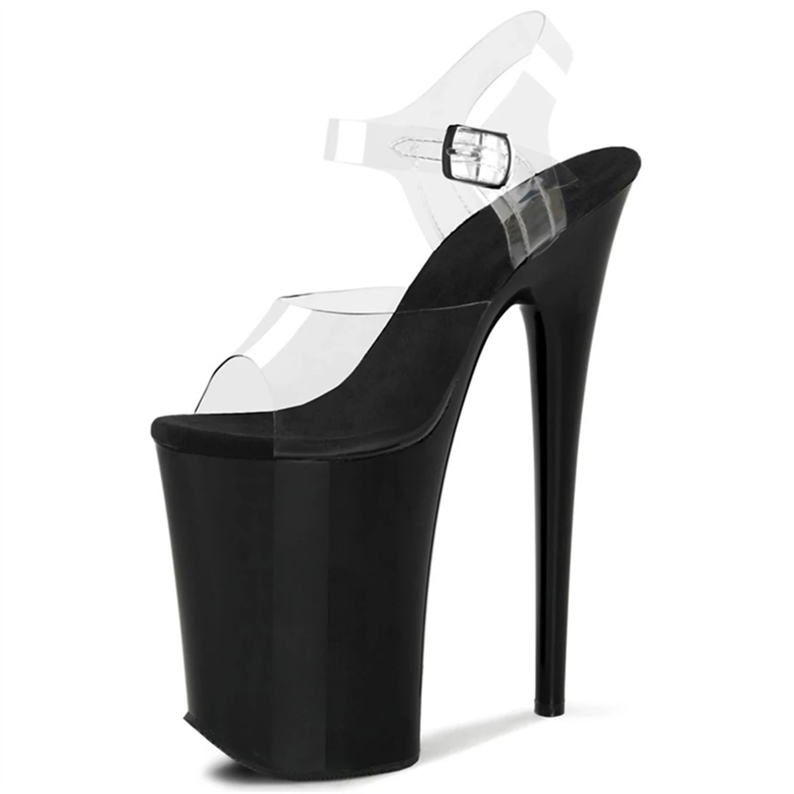 

​23CM Matte Platform Sandals Moshang, Black Deconstructed Heels with Clear PVC Strap, Extreme Height Conceptual Shoes​