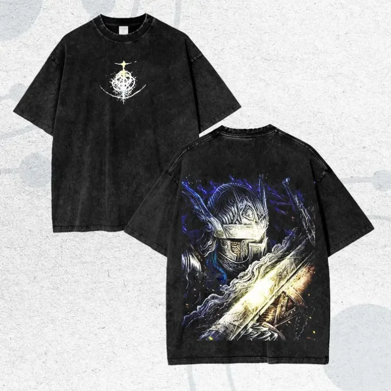 Camiseta de algodón vintage lavada con estampado de Anime Elden Ring Maliketh para hombre y mujer, estilo Harajuku, oversize, informal, de verano, con cuello redondo.