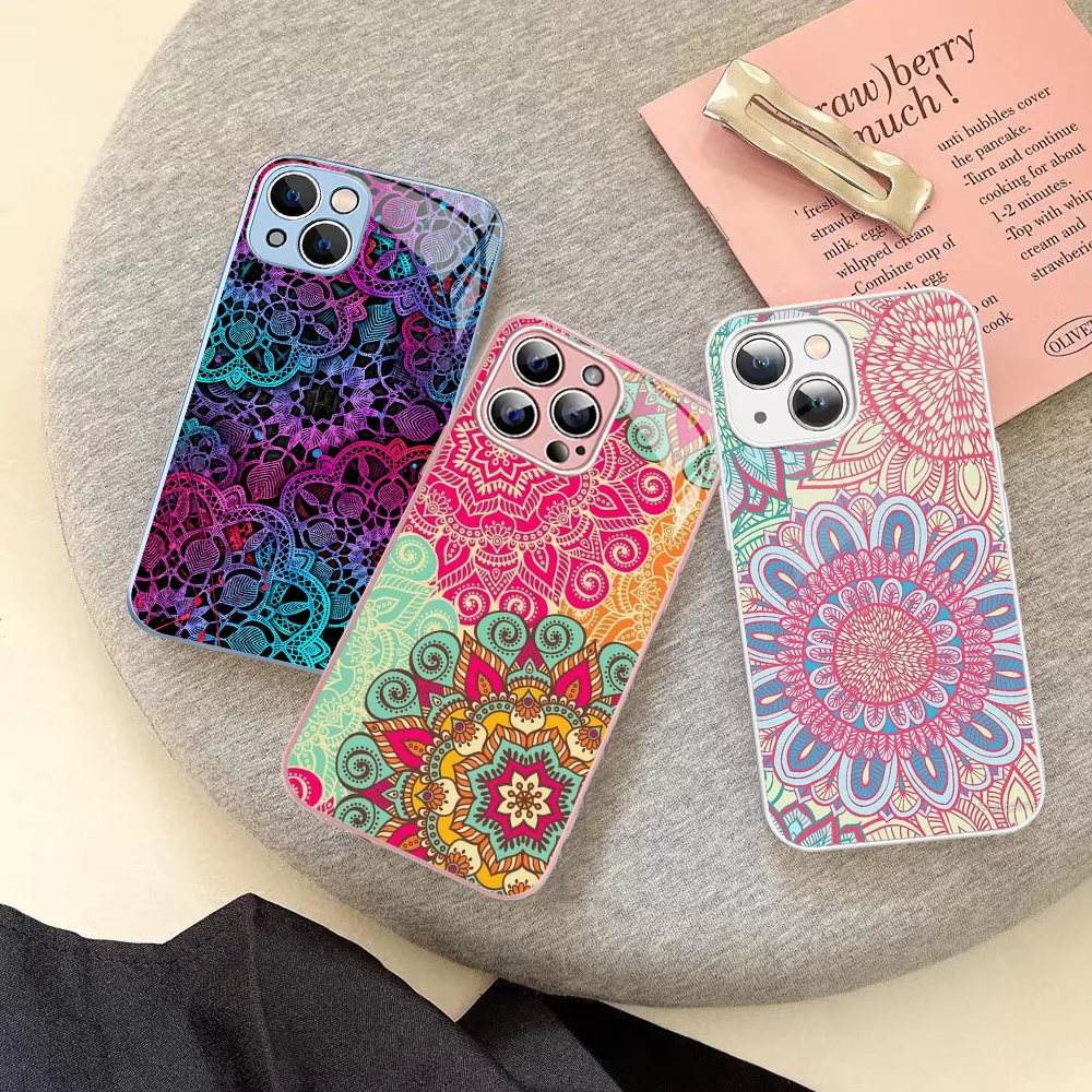 

Colorful Mandala Flower Phone Case Tempered Glass For Iphone 14 13 12 11 Pro Mini XS MAX 14Plus X XS XR Cover