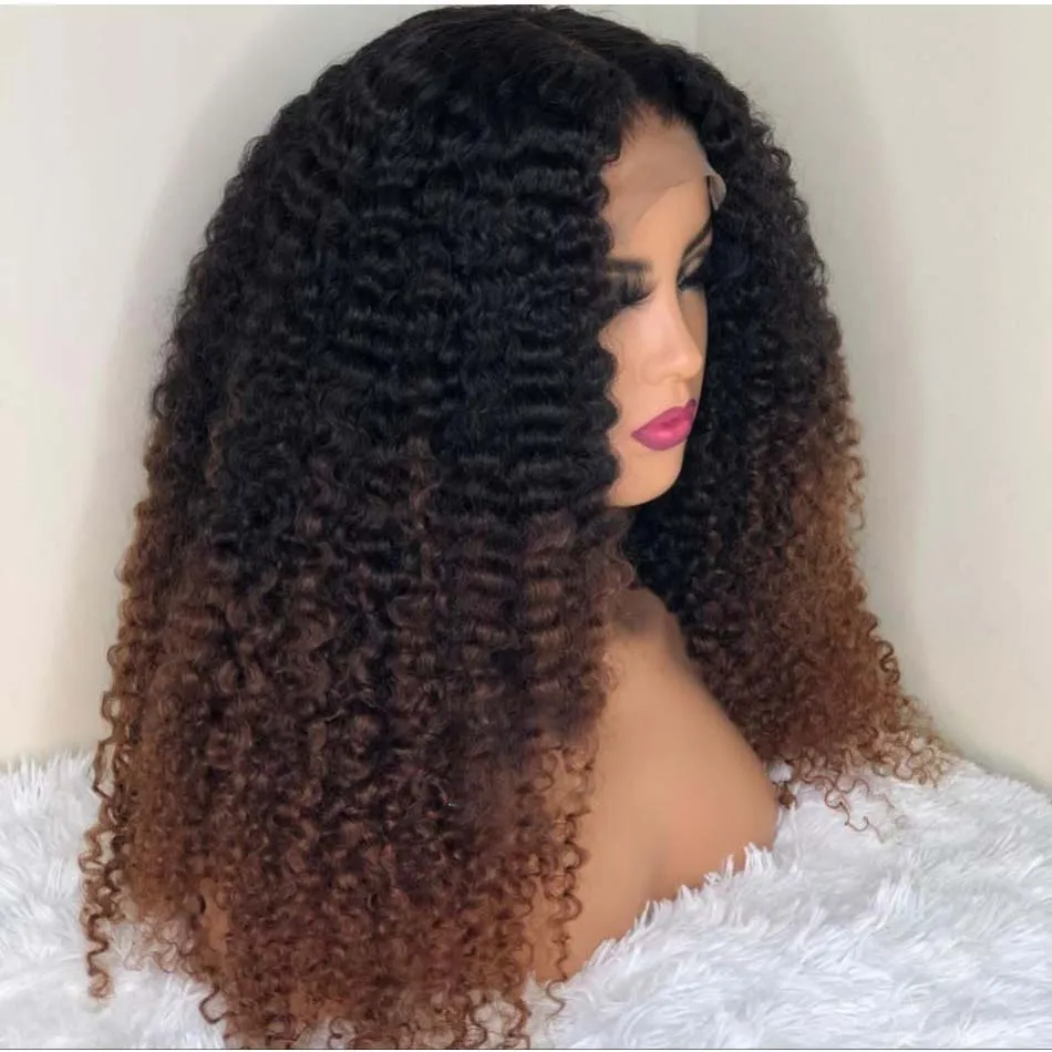 Kinky encaracolado peruca dianteira do laço para mulheres negras, longo, ombre, loira, marrom, cabelo do bebê, resistente ao calor, linha fina natural, macio, 180 densidade, 26"