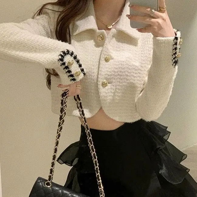 Korea Women'S Short Jacket With White Tweed Fabric Slimming Suit Office Coat Fashion Formal Wear