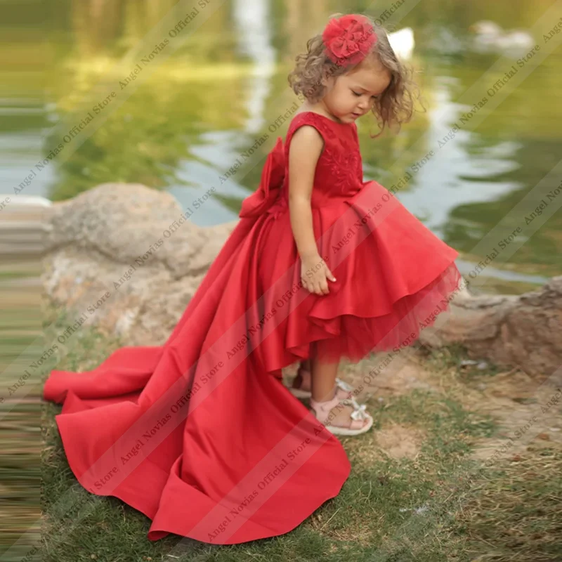

Customized High Low Red Satin Princess Flower Girls Dresses with Bow Pageant Birthday Dress First Communion Gowns