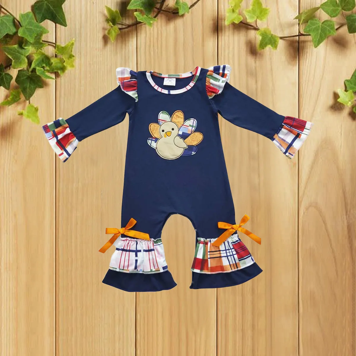 

10.15 Autumn Cute Embroidered Turkey Plaid Lace Butterfly Knot Dark Blue Long Sleeve Baby Romper Onesie for Infants