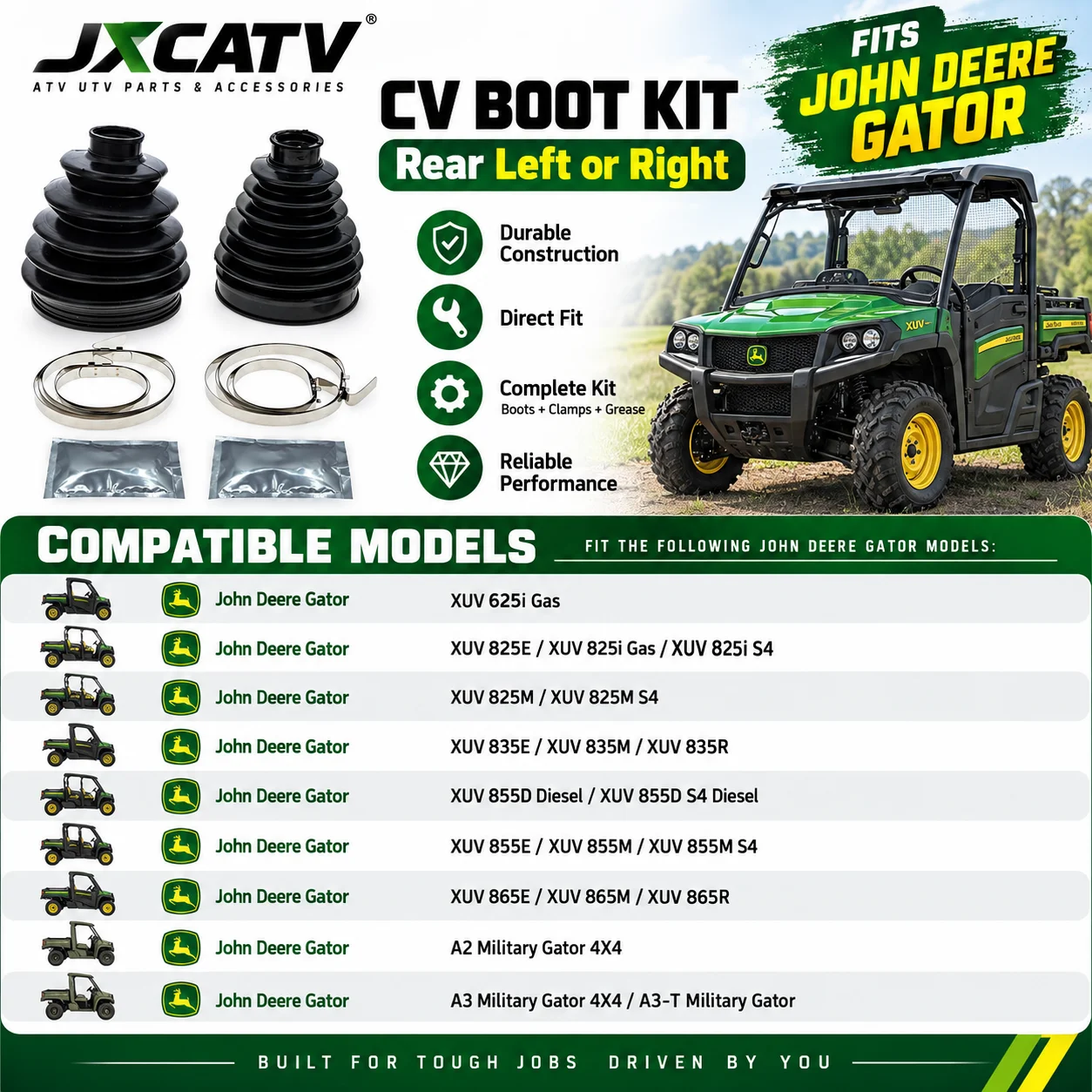JXCATV HD Rear Left Right CV Joint Boot Kit John Deere Gator XUV 825i 855D 625i 835E 865E Neoprene UTV Axle Parts Replacement