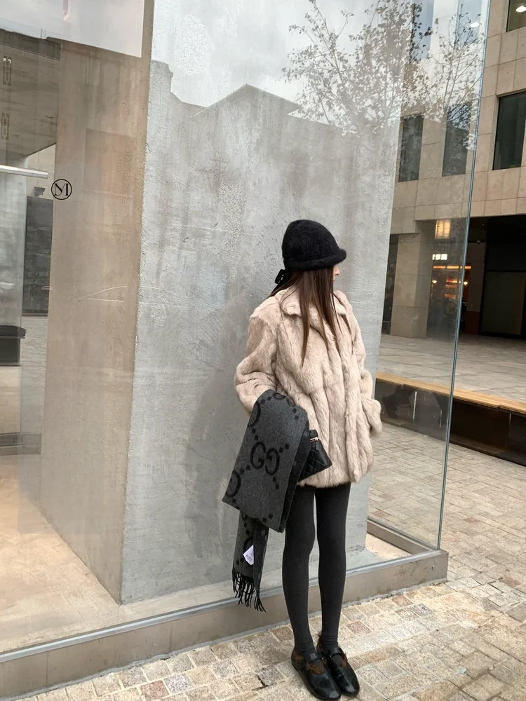 

YUYEEBC Girls' Rabbit Fur Coat Winter Commute Top Long Sve Loose Fit Youth Faion Vintage Sle Genuine Leather Jaet