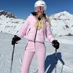 Thicken Warm Women's Skiwear Pink High Collar Hooded Cotton Padded Coat Straight Leg Zipper Pant 2025 New Winter Lady Ski Suit