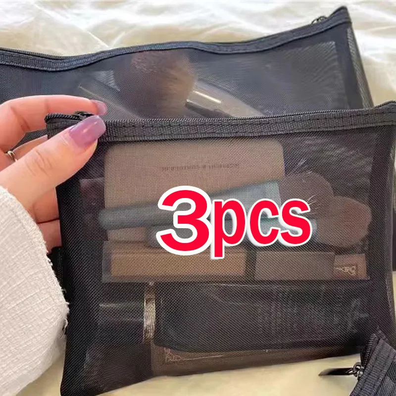 3/1PCS Mesh Clear Cosmetic Bags Small Large Black Makeup Bag Portable Travel Toiletry Organizer Case Multi Purpose Storage Pouch