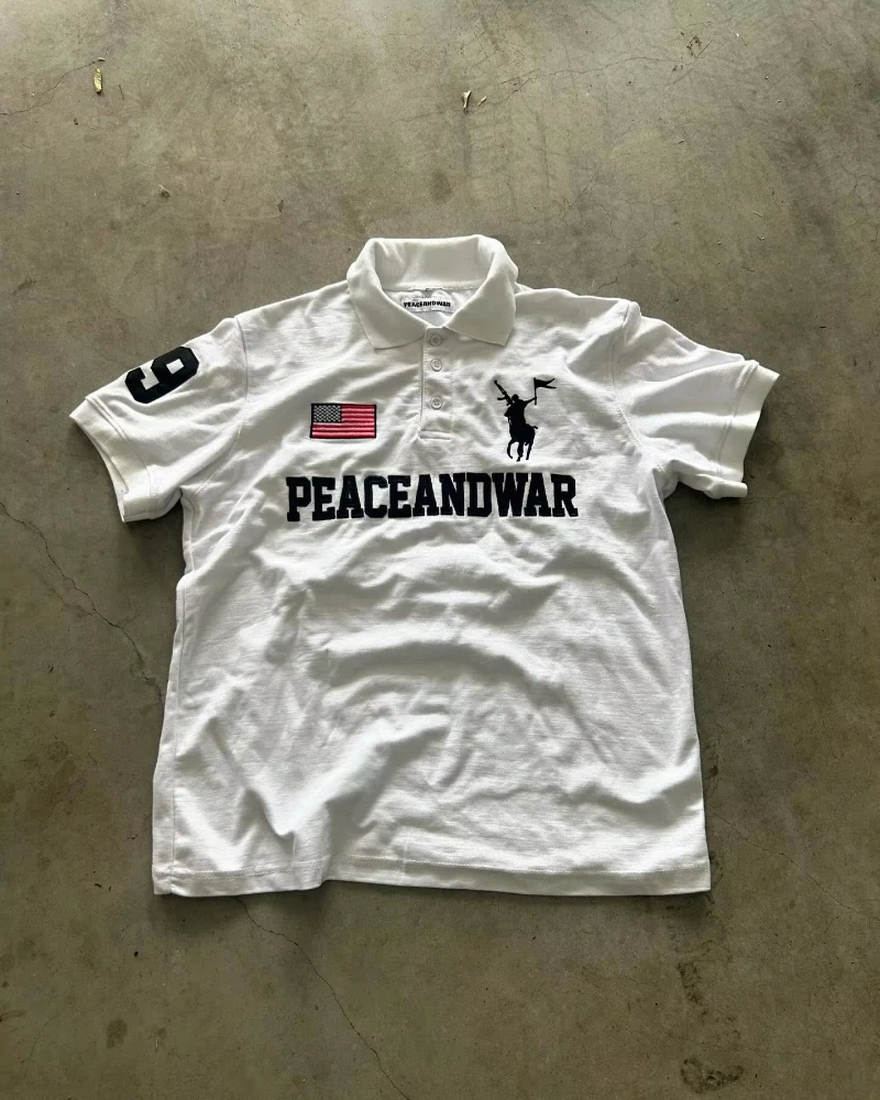 Peace Flag America Retro Polo Shirt Y2k Streetwaer Letter Embroidery Lapel Shirt Casual Short Sleeve Jersey Hip Hop Men Clothing