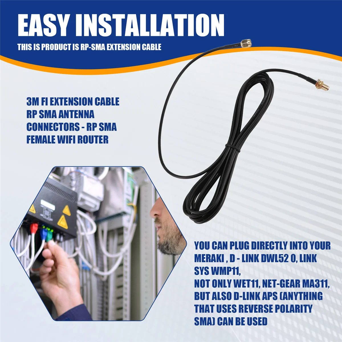 3M Fi RP-SMA تمديد كابل أنثى موصلات هوائي راوتر WiFi لمعدات الشبكات