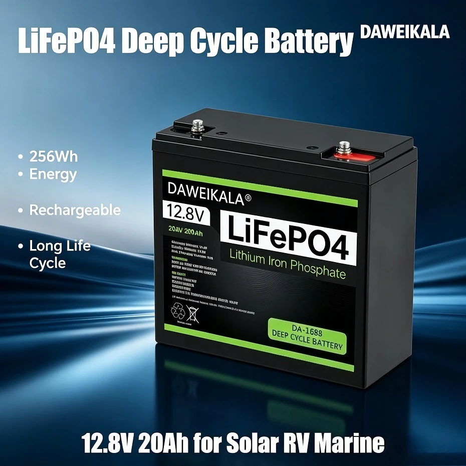 DAWEIKALA 12,8V 20Ah LiFePO4 Deep-Cycle-Batterie 256Wh Lithium-Eisenphosphat-Akku mit integriertem Schutz, Serien- und Parallelanschluss verfügbar für Solaranlagen, Yachten, Camping und