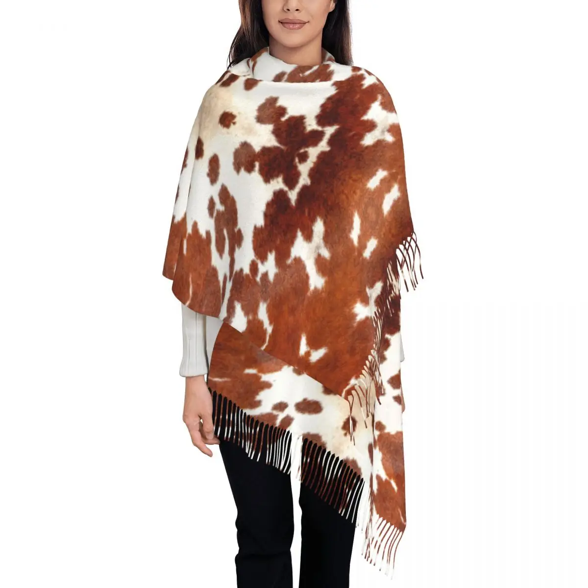 

Стильный шарф с кисточками и принтом коровы, женский зимний теплый платок, женские шарфы с текстурой кожи анимы