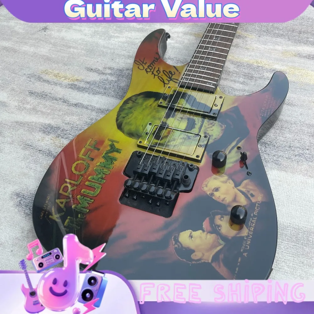 Electric Guitar with Mummy Retro Poster Graphic HH Pickups Double-Locking Tremolo X-Shaped Position Inlays