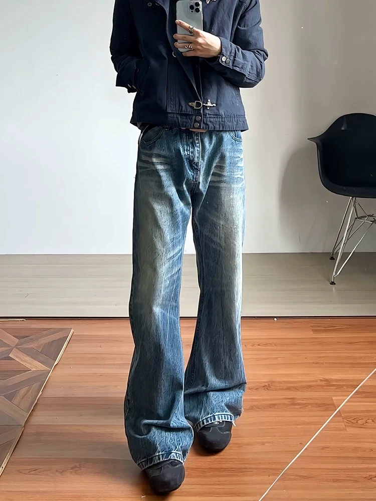 Retro Blue Lightning Pattern Men's Jeans High Street American Style Straight Leg Micro Flared Pants Lengthening Legs Effect